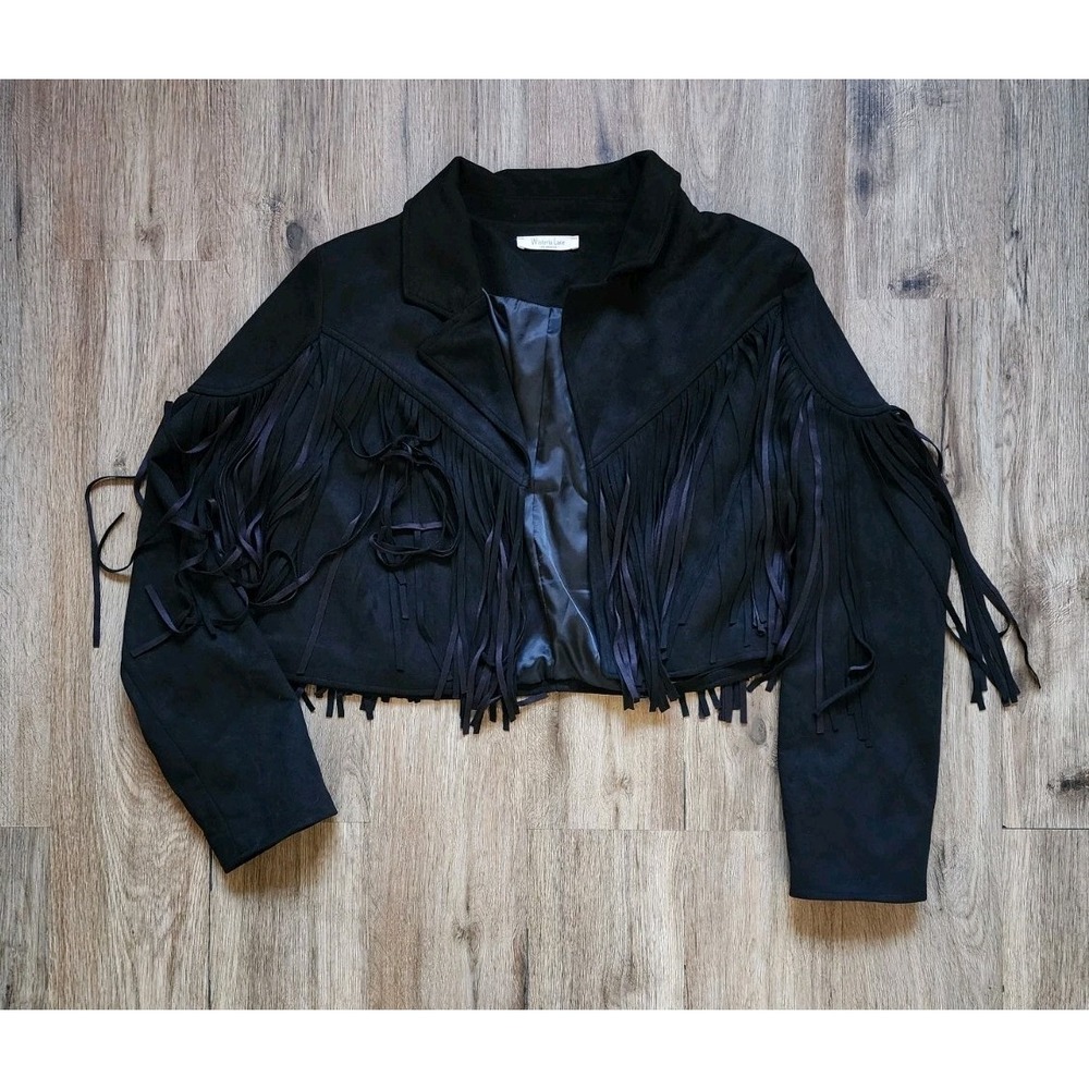 Wisteria Lane LA Faux Suede Cropped Fringed Black Jacket Womens Sz Large Western